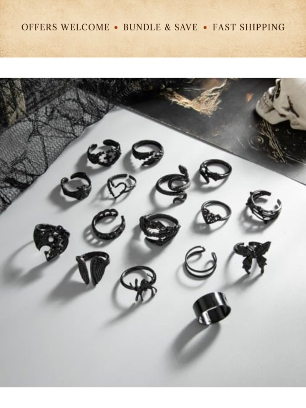 Gothic Ring Set Adjustable Stackable Y2K Statement Rings Halloween Party - Picture 4 of 6